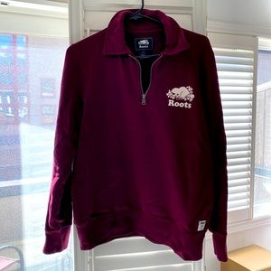 Roots zip polo sweatshirt. Women’s large, burgundy, EUC